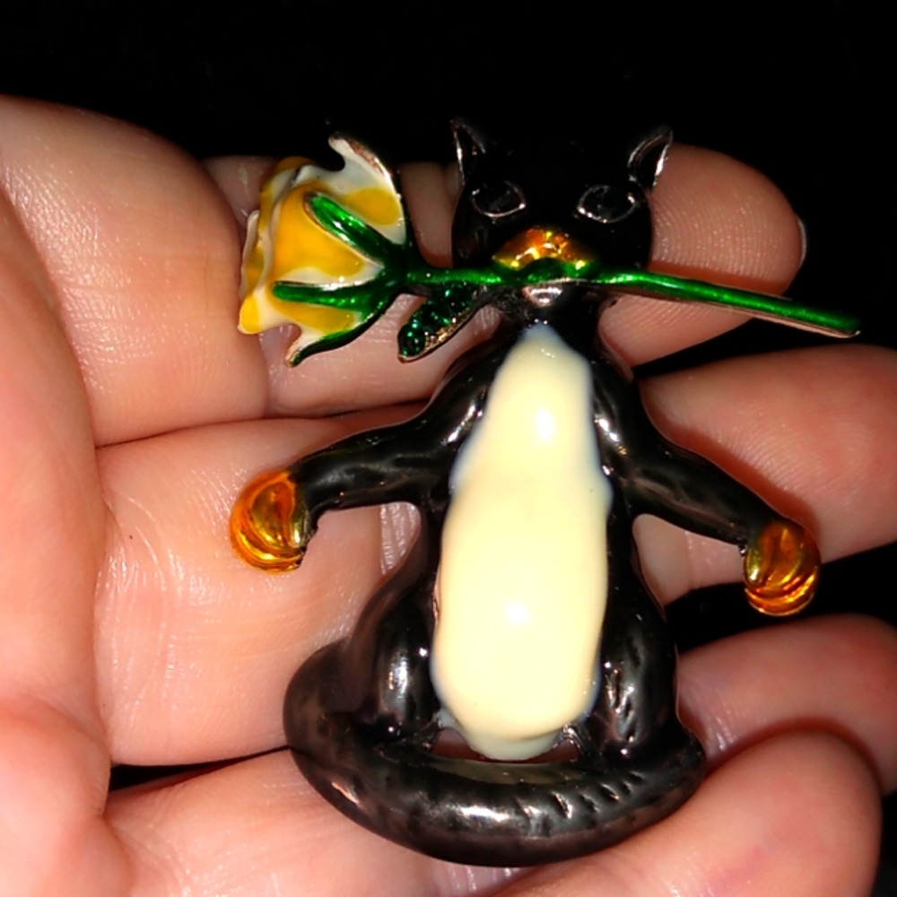 Zen Black and White Cat with Yellow Rose Pin Brooch
